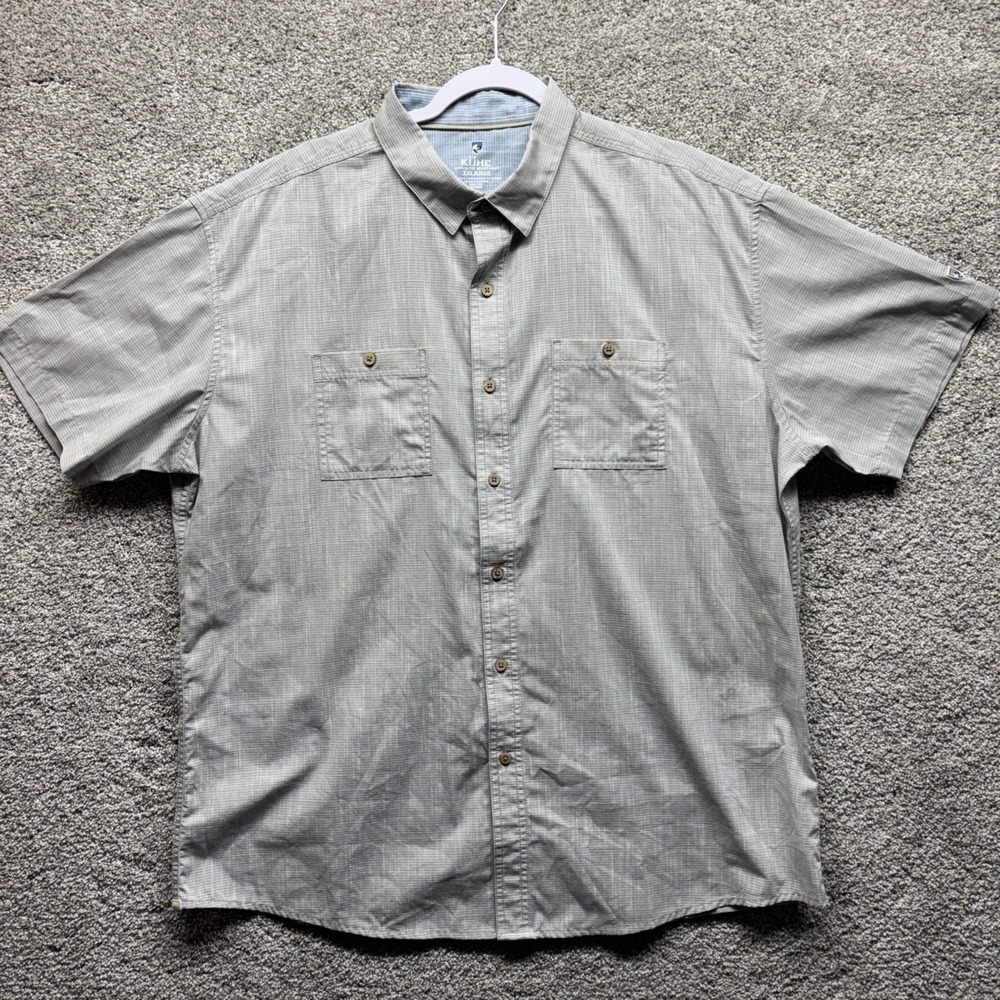 Kuhl Shirt Mens 2XL Gray Karib Stripe Short Sleeve Dual Pockets Hiking Camping